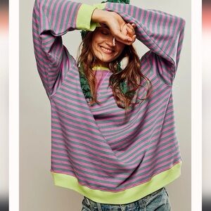NWOT Free People Classic Striped Oversized Crewneck Pink Combo Size Medium
